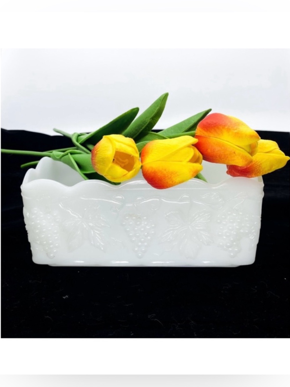 Vintage 1960s Anchor Hocking Fire King Milk Glass Grape & Leaf Patterned Planter